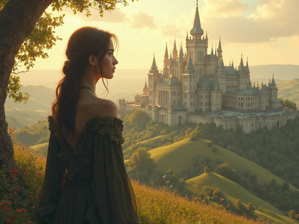 Scene of a young woman named America Singer looking at the palace from a hill,  with an expression of doubt on his face .