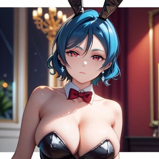 ((Highest quality)), (( masterpiece)), (exhaustive), Love Live style girl, Alone, nsfw, playboy bunny,
(azure hair:1.3), (dark maroon eyes:1.3), (short hair), bangs between eyes, (big breasts:1.2),thin eyebrows,(expressionless:1.2),(half closed eyes:0.8), ...