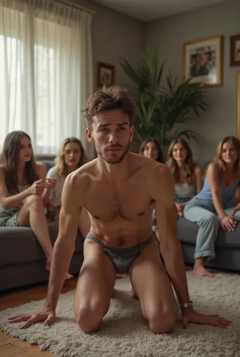 Photo style. Living room. A sad Completely naked, young man on all fours, apologize, naked in front of a group of pretty wild girls, sitted on the couch, casual clothing, wide laughing at him, filming him