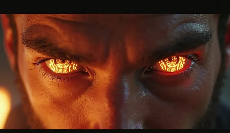 A motivational ending: a close-up of his intense eyes, filled with fire, with the words "NEVER GIVE UP" subtly reflected in them.