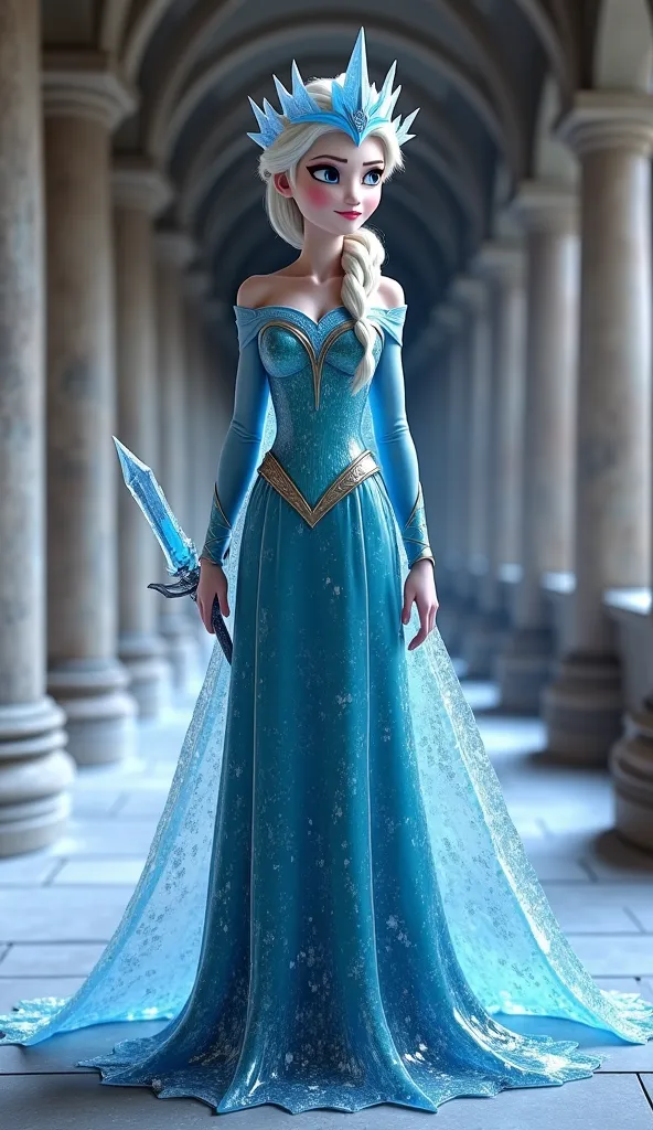 ((Hyperrealistic))((Photorealistic)) Princess Elsa is a "Ice/Paladin with plate armor with helmet/crown made from dark ice" and she wields "Frostmourne", in a Corridor with stone pillar's. She is looking at the viewer. Full-body fucking view!!!!