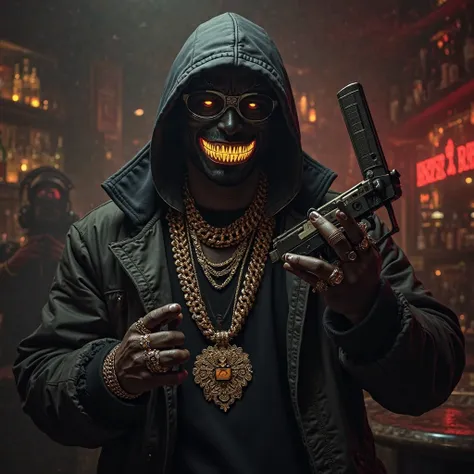 Grillz in the shape of a glock, a gold teeth rapper wearing ski mask in bar, rapper jewelry