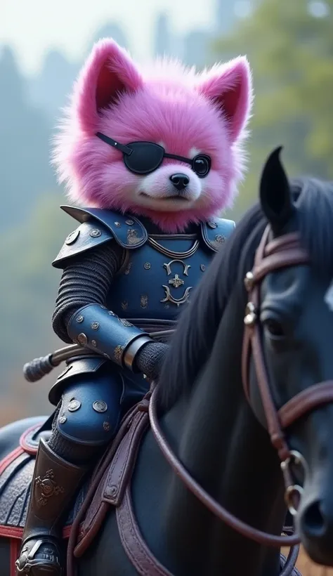  Fantastic　 realistic footage　 Compa　A cute fluffy pink-purple dog wearing blue and black Chinese armor has a black eyepatch on one eye　wears a sword around his waist　I'm riding a black horse
