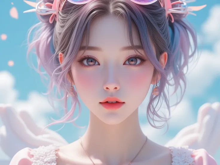 Masterpiece, best quality, 8k, highest quality, best graphic, beautiful eye, beautiful lip, beautiful background, cute Korean woman in 20s, pastel color hair, pucca buns, sunglasses 