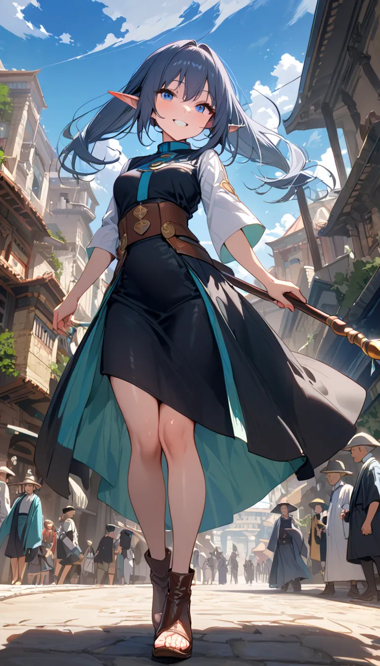 Elf Girl,Smile,Beautiful waist , beautiful feet,Taiyo-kyo priest uniform,Leather shoes,Staff,Mysterious,Summer, ANCIENT CITY,The bustle of the city, Lots of Passers-by ,blue sky,cloud