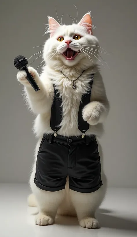 Realistic photo Imagine a Singer cat with a wireless microphone on its paw it is standing singing it is wearing a black vest and black shorts it is a furry white cat with a small curly black wig and with an elegant and soft coat, predominantly white Your h...