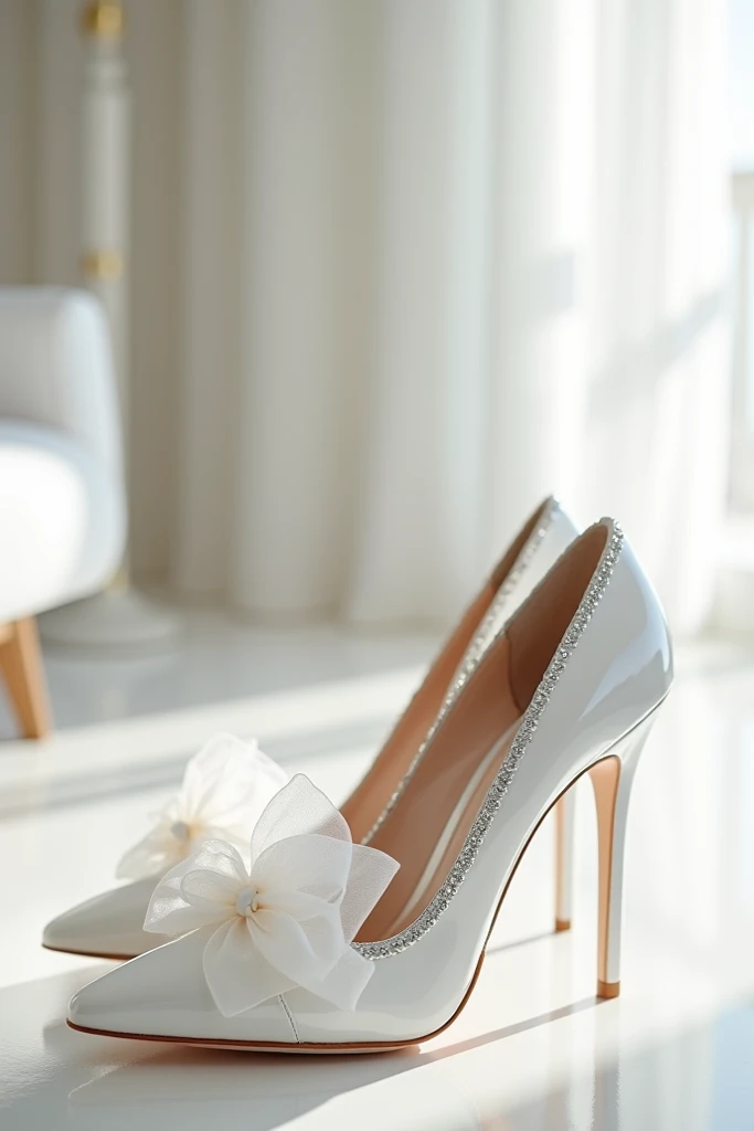  please, creates women's feet with realistic style stilettos in white patent leather.

The inner contour of the shoe has a silver trim and thin, the shoes have a medium-large transparent white fabric ribbon in the chapellada, The shoes have a sharp toe, Th...