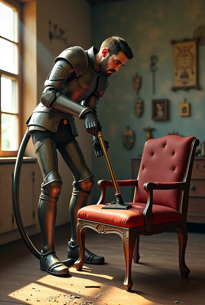 I need to create an image of Don Quixote de la Mancha vacuuming a chair