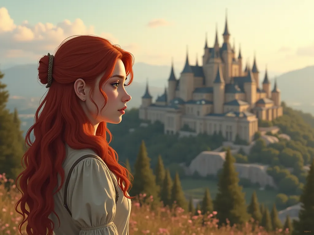 Scene of a red-haired girl named America Singer, redhead,looking at the palace from a hill,  with an expression of doubt on his face .