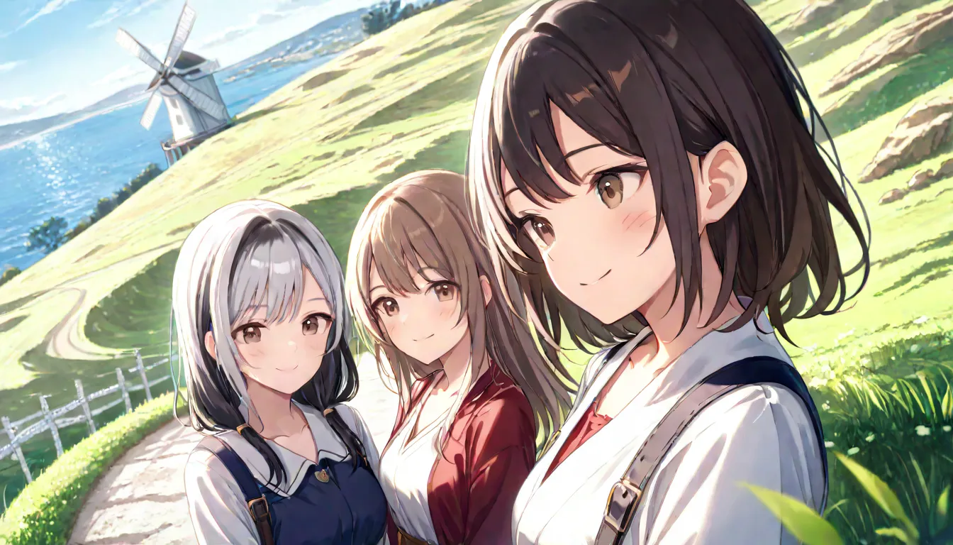 (( masterpiece , Top Quality , dynamic angle ))、((( 3 girls , ager , smile , black hair , brown hair , silver hair )))、( detailed face 、on the hill 、One white windmill:1.2)、( sea )