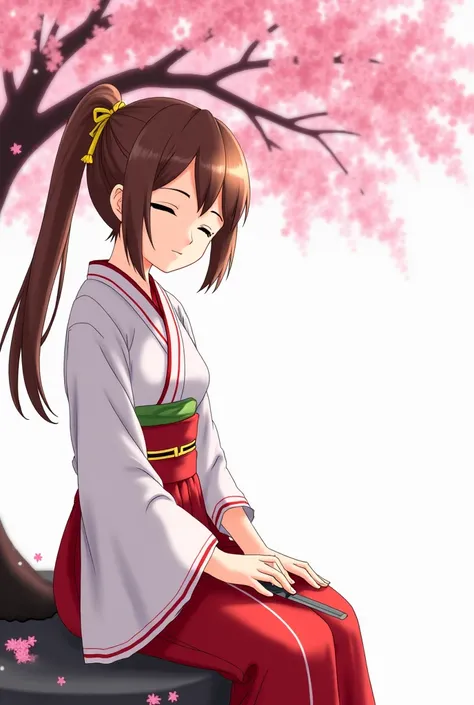 Draw In the form of an anime drawing beautiful girl sitting under a cherry tree wearing a white kimono with red stripes, closing her eyes and cleaning her sword, her hair is brown and long and tied in a ponytail  