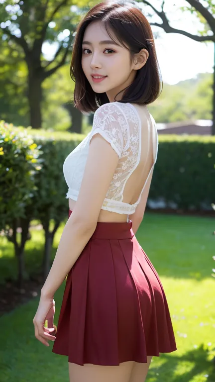 A beautiful Japanese woman with long legs looks back and looks back, and her beautiful back and flared miniskirt can be seen up to the top of her thighs。