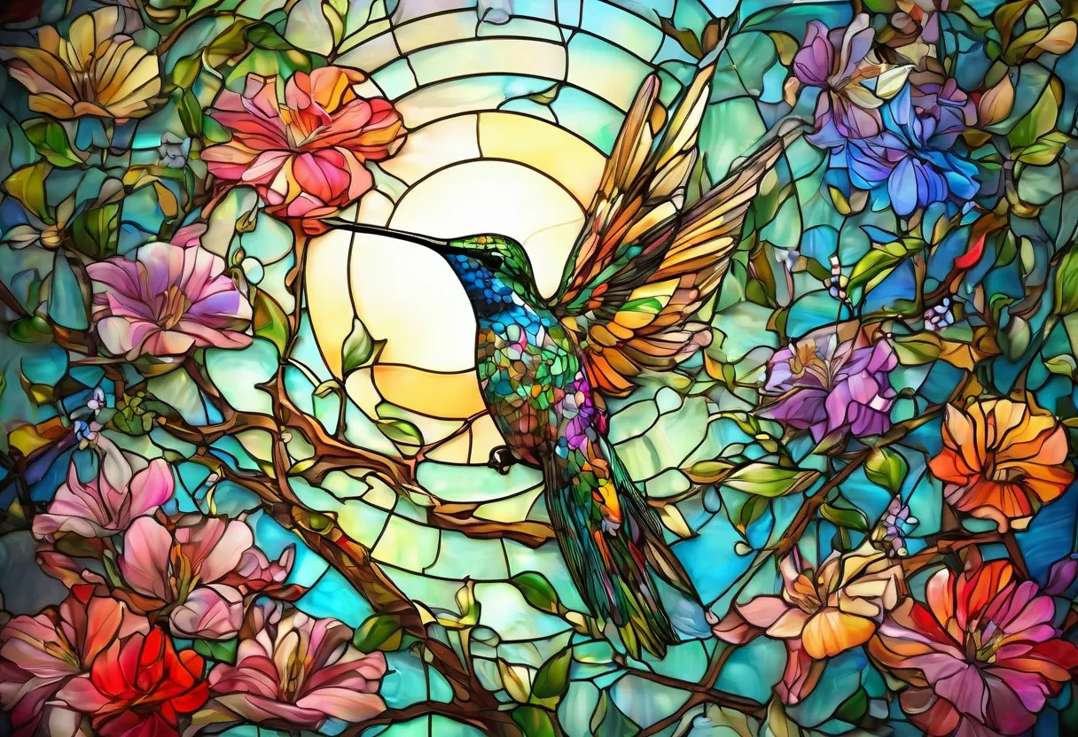 Stained glass、Hummingbird Drawing sitting on a branch with flowers, Detailed painting by Andrei Ljabovichev, trendy , arabesque, Detailed painting 4k, BEAUTIFUL 4K ART , Hummingbird Drawing, Colourful and Detailed, Beautiful Paintings of Tall Things , Beau...