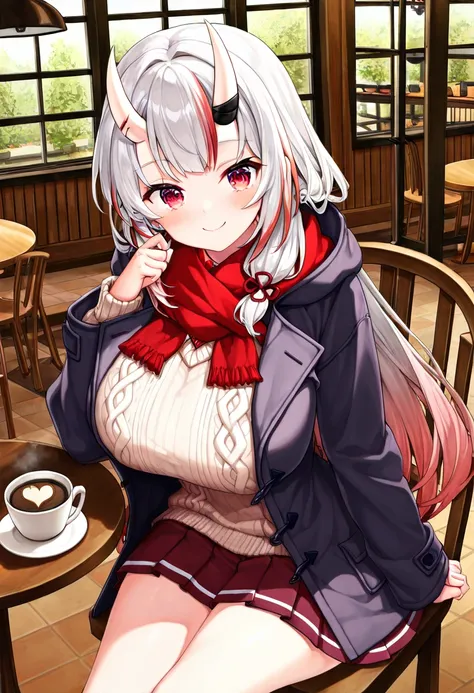 (Highest quality , 8k , masterpiece , incredibly absurdres , perfect body , super detailed skin , highly detailed eyes and face , 1 woman ) ,  nakiri ayame , Silver Hair , red eyes , demon horn , smile ,  will be happy , (  duffle coat , 白いaran sweater , p...