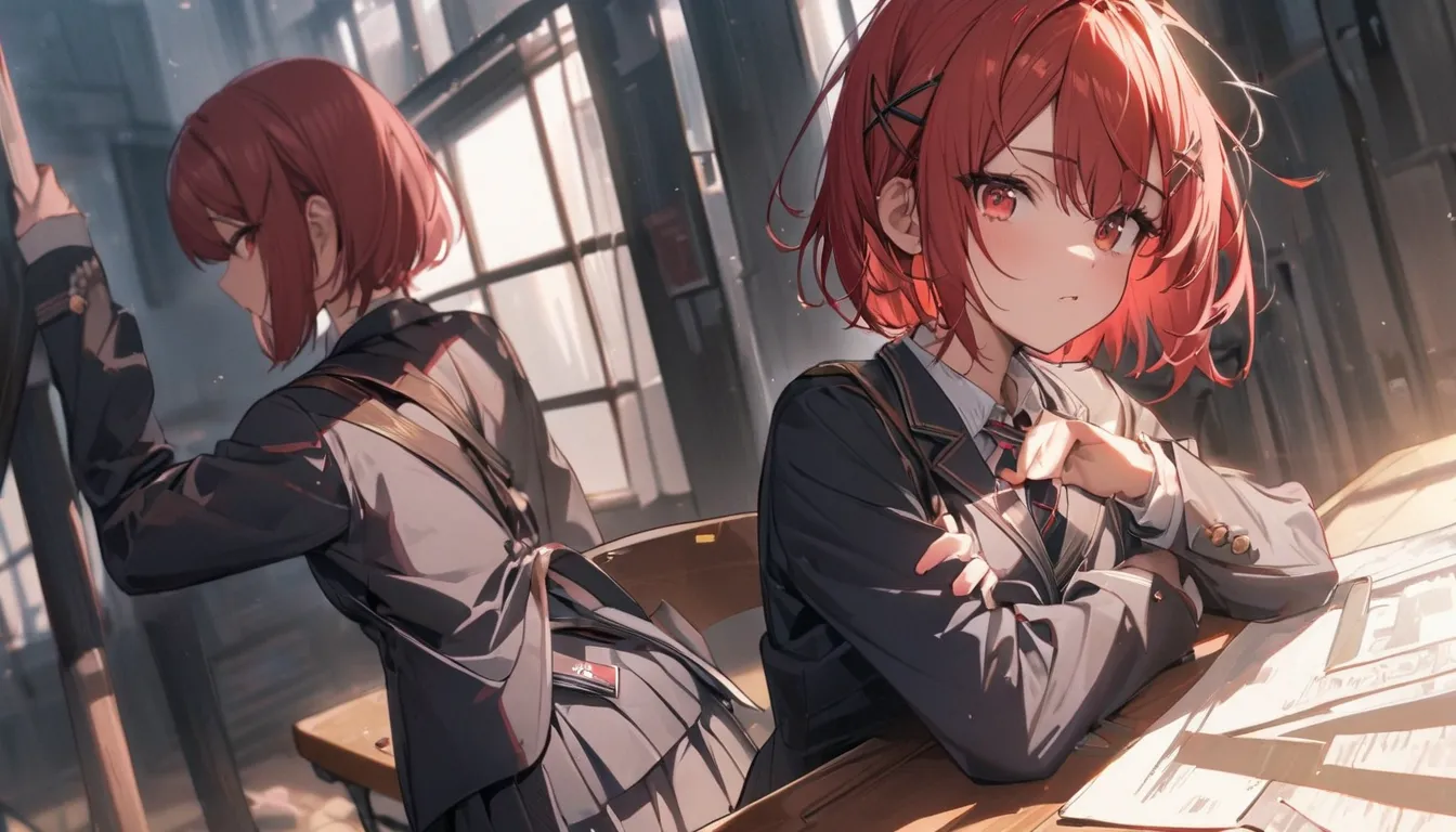 short hair, ( red hair :1.2), X Hair Ornament, Red Eyes, tie,  girls on the left, Solo Girl,  collared shirt,  white shirt,  Long Sleeve, pleated skirt, student,  blazer、uniform、Highest quality, masterpiece, high resolution,chest、face、highest quality, intr...