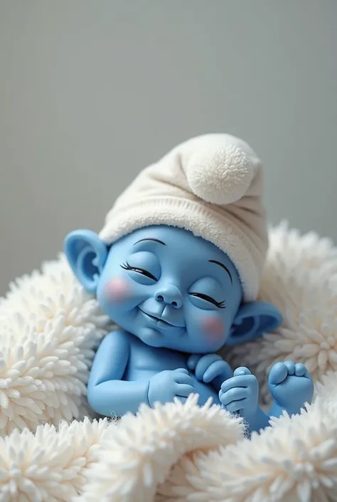 Smurf baby lies naked on a towel and cries at her pussy with a finger pointed