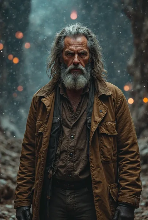 The Great Lewosky, Jeff Briges, Space Explorer, unkempt, Lazy attitude, weariness, brown leather trench coat,  open shirt, long gray hair and beard, careless, firefly