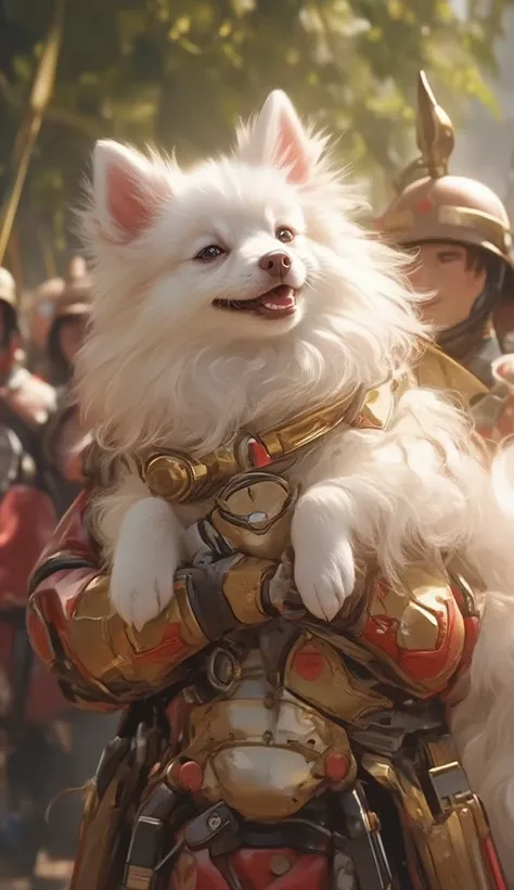 最 high quality,  high quality, reality,  adult Japanese Spitz dogs held by soldiers  ,  The corners of the mouth are turned up 、   Looks Like She's Laughing    ,Pure white coat color   ,   fluffy and soft coat     , bamboo grove held by the soldiers ,High ...