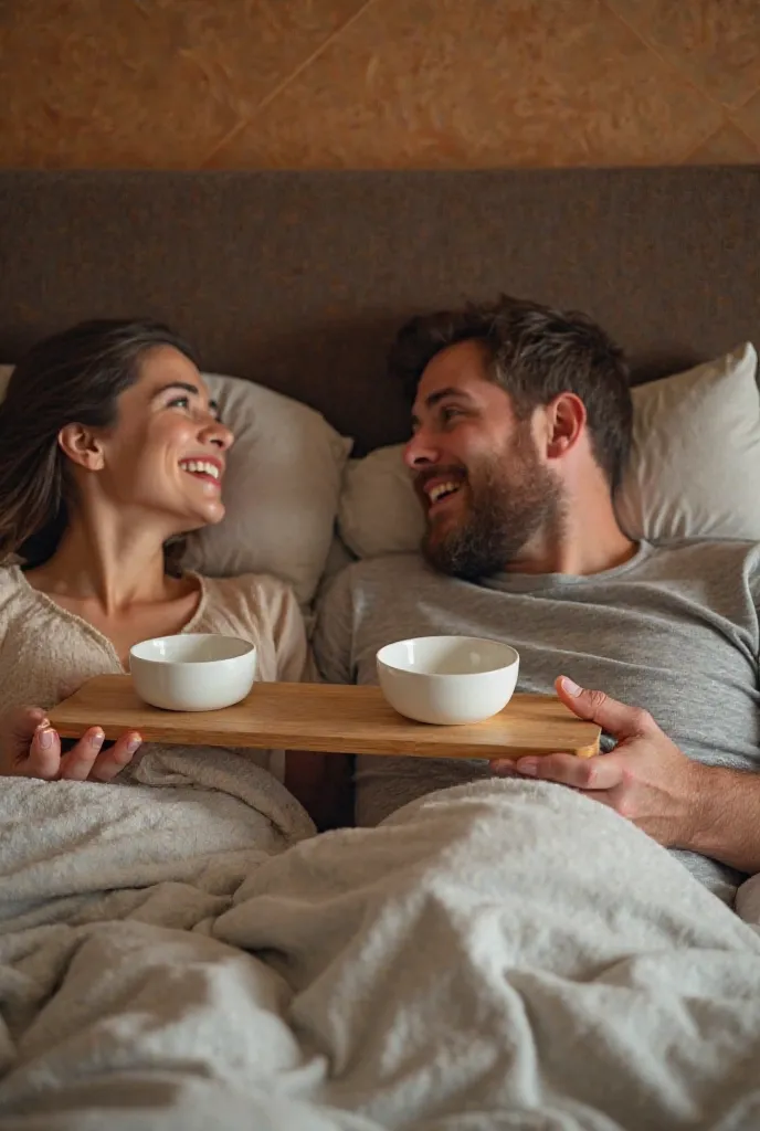 A cozy bedroom scene where a husband and wife are lying on the bed. The wife has humorously created a "barrier" to prevent her husband from touching her. She has placed two small bowls over her chest and positioned a wooden board or cushion on her back as ...