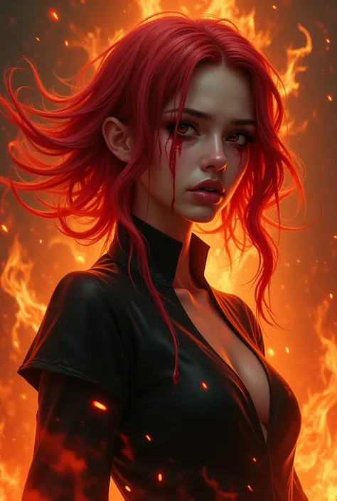 Fire witch with cherry-red square hair crying blood 