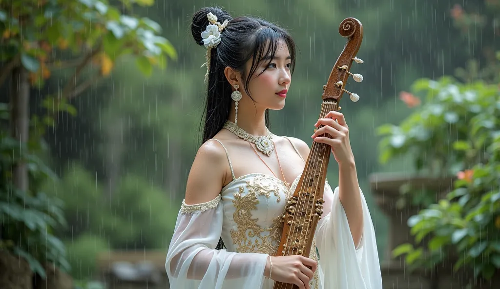 A stunning 18-year-old young woman with a graceful, confident presence, dressed in a traditional white and gold Chinese-inspired gown that is now wet from the rain, clinging to her curvaceous figure and accentuating her ample bosom as it becomes faintly se...