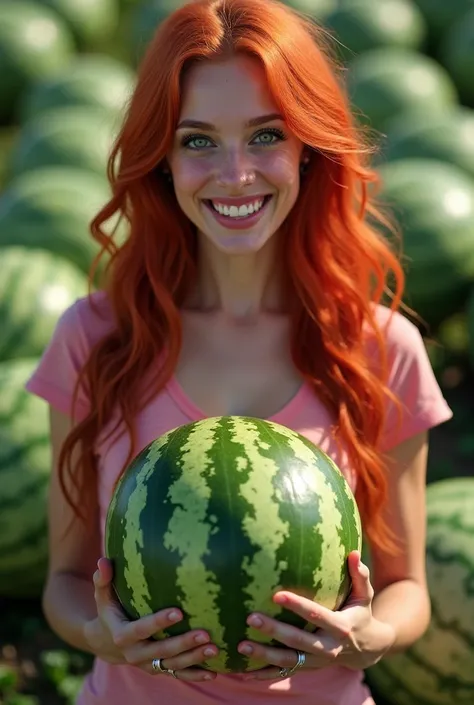 a woman, tall. long, red hair. 5 breast size. He's wearing a T-shirt. He holds his hands in front of him, holding a watermelon. She has a joyful and vulgar smile on her face. Her eyes are emerald green. and the background resembles a field of watermelons.