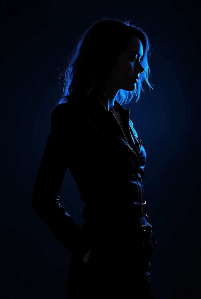 The silhouette of a woman dressed in a rebellious style in a leather jacket in a jet black background is emitting an aura with a blue power light behind her left ear. cinematic sci-fi hero movie poster