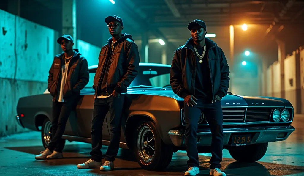 A Brazilian hip hop band composed of three members, two black and one Caucasian, inspired by the style of 'Hungary' and 'Tribo da Periferia'. They are leaning against a classic Ford Maverick, in an urban and industrial environment, such as an abandoned war...