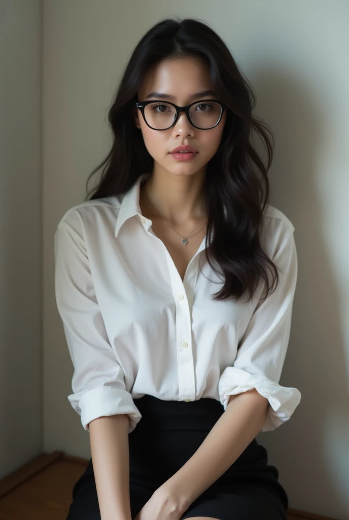 20-year-old woman.
 extremely sexy .
black hair, black glasses.
She wears a white shirt with 3 unbuttoned buttons and a black skirt