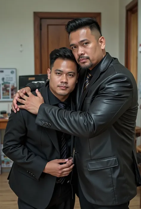 two men hugging, "wearing leather suit, leather ties, leather shirts", shiny black shoes, one with black side parted undercut hair "not long but short hair" standing behind, the other with "short fat body in front", Indonesian faces, Indonesian people, the...