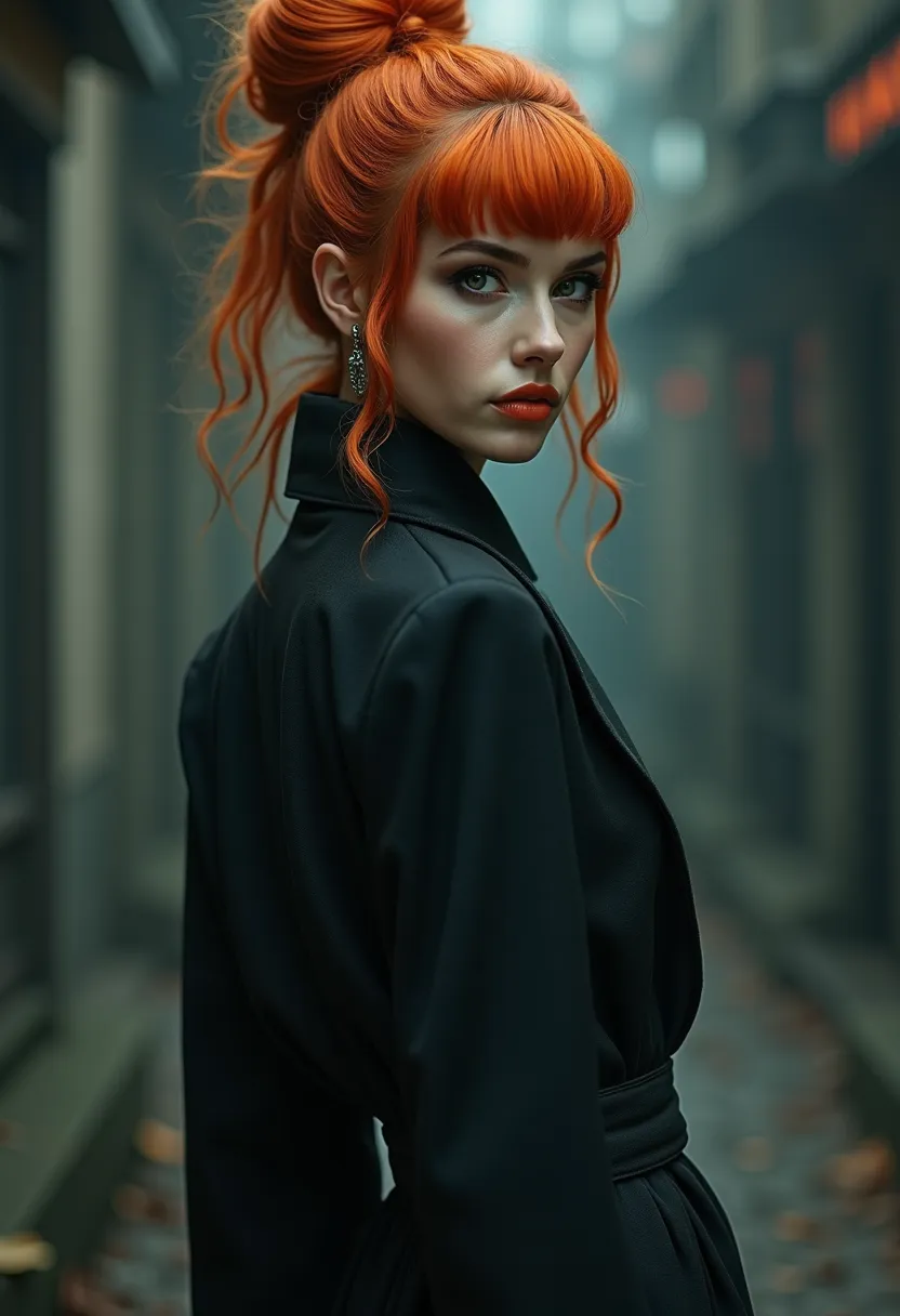 high_bun, standing_pose, looking_back, attractive_eyes, long_coat, bell_bottom_pants, photorealistic, cinematic_lighting, detailed_facial_features, elegant_expression, intricate_clothing_folds, dramatic_atmosphere, moody_color_palette, mysterious_backgroun...