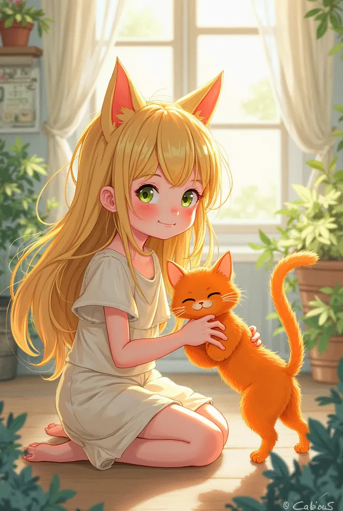 Drawing of a blonde girl with an orange cat 