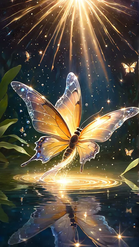 masterpiece. Reality. transparent creature. Everything in this universe is made of sparkling crystals. A butterfly falls on the surface of the water. water explosion.