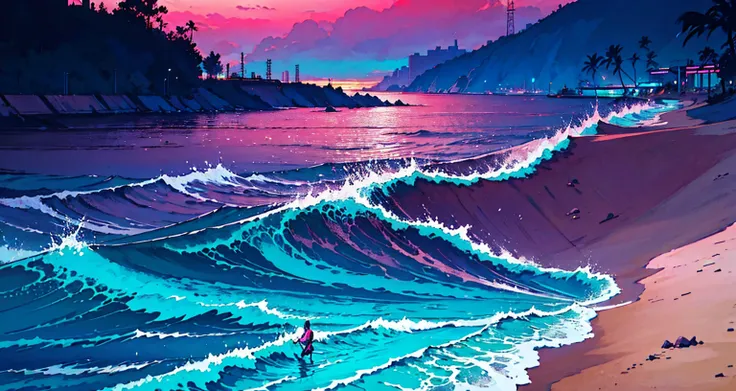 retro_neon , retro neon , futuristic beach, shining shoreline, neon -lit waves, vibrant sunset, mix of pink and purple sky, synthwave aesthetic, 80's nostalgia, digital horizon, silhouetted palm trees, electric blue ocean, vapor wave vibe, softer, shining ...