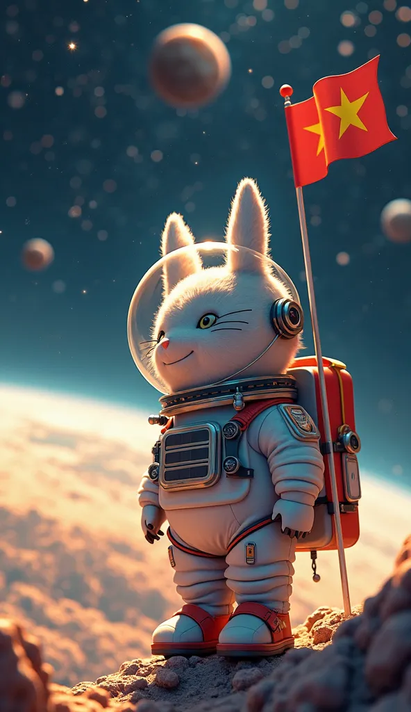 3D fur Totoro With astronaut Costume at the Jupiter at night  light at the Jupiter  solar handle Totoro flag with alots of star lighting space at night Red and yellow Wallpaper 3D 