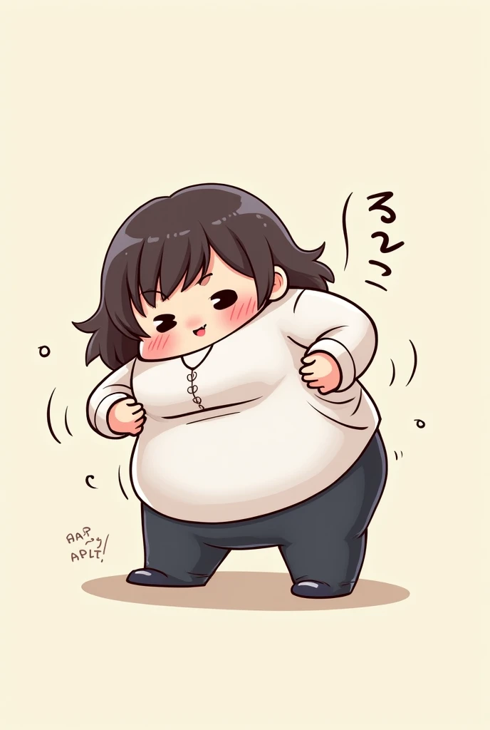 Chibi cartoon of a person trying to wear a small blouse that doesn't fit your body