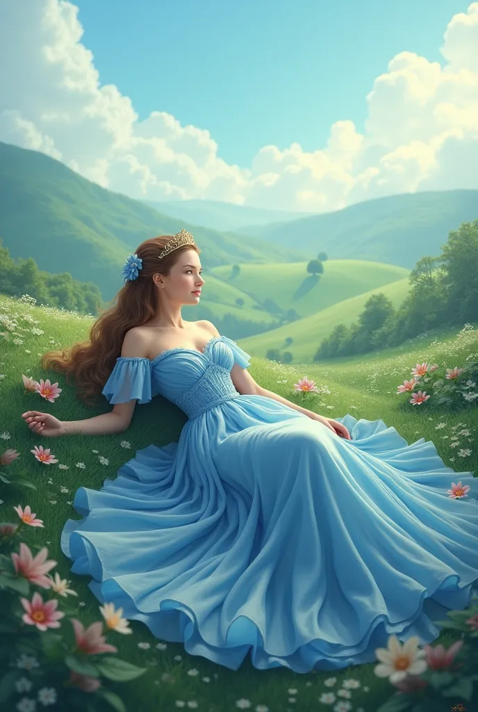 Princess in a blue dress on her back with half-tied hair