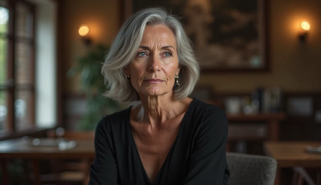 A 72-year-old woman, She has gray hair at shoulder length. She has blue eyes , The serious and determined expression. She wears an elegant black dress. In the background, a simple and cozy coffee 