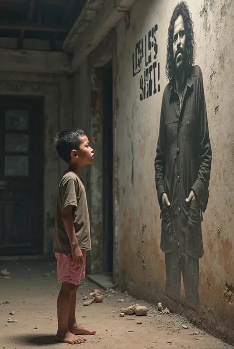 
A boy, most likely Indonesian, is positioned on the left side of the image, standing barefoot on the dusty ground.  He looked up, and his gaze was directed at a man depicted on a weathered wall. The boy was in his pre-teens, and looked thin, with a short ...