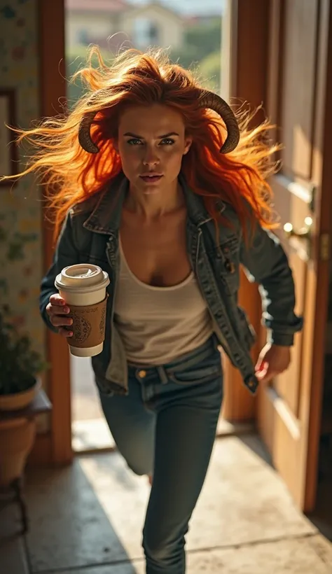 The same highly energetic Aries rising woman with vibrant red hair and natural Aries ram horns, now in a hurry, rushing out of her front door while holding a large coffee cup in one hand. Her expression is intense and focused, showing urgency and impatienc...