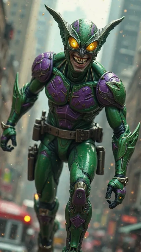  Make an image of Norman Osborn alias Green goblin , wearing green and purple armor , with green arms and legs  , has a green and purple helmet with yellow eyes a smile and goblin ears attached to the mask , he has a belt where he keeps his bombs and gadge...