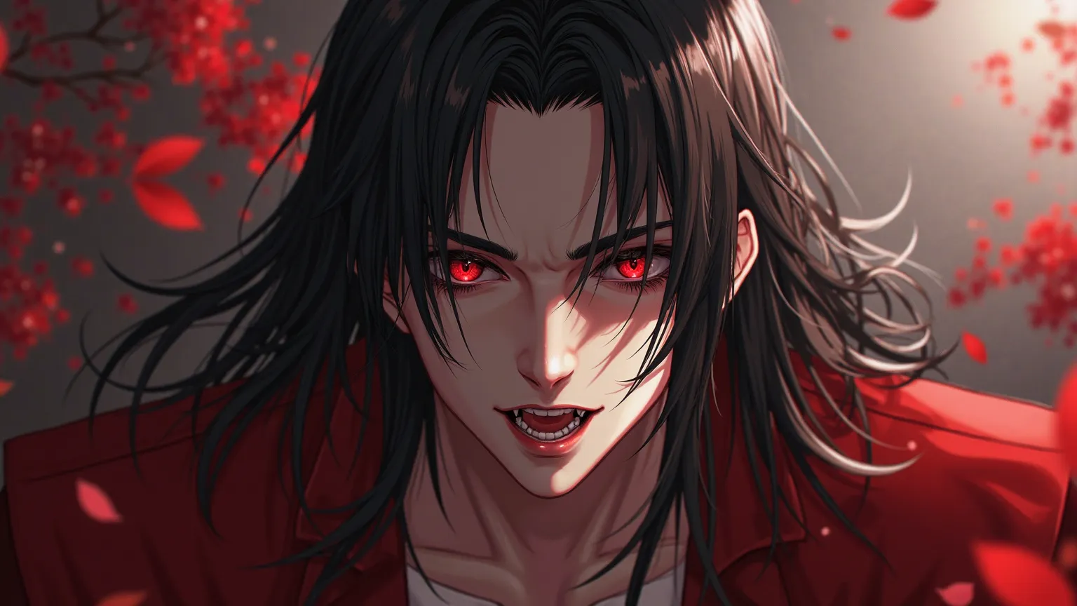 hyper realistic, chinese art style, 1 male, boy, Adult, good looking, Tall Man, Broad shoulders, Detailed eyes and face, Very long black hair, Red eyes, good looking, Fantasy, Gothic, Fantastic Light and Shadow, scenery, Portraiture, Vampire Fangs, Open yo...