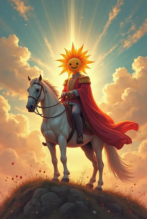 Make a man ride a white horse atop a hill with a radiant sky, This man wears a sun-shaped mask with a smiley face, He wears the clothes of a strong ruler, 