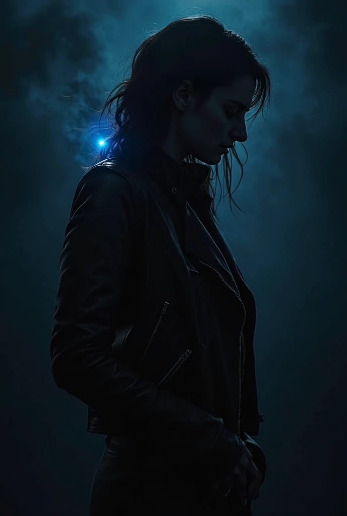 The silhouette of a woman dressed in a rebellious style in a leather jacket in a jet black background is emitting an aura with a blue power light behind her left ear. cinematic sci-fi hero movie poster