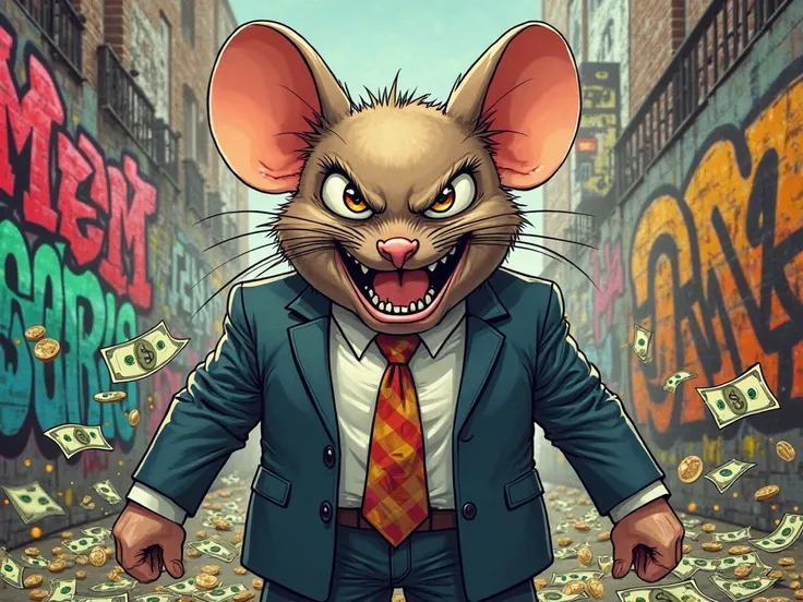 a man and have a mouse face, wearing a suit and tie, with money all over the place, graffiti style and angry face, cartoon