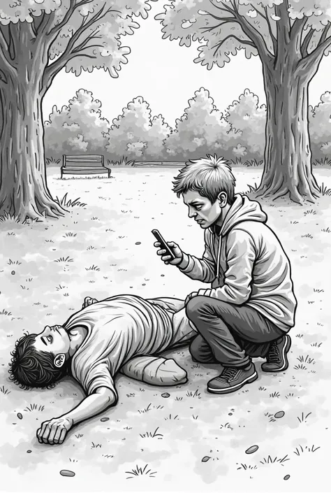 A person (Alex) sees someone unconscious on the ground in a park. Alex looking shocked, kneeling beside the unconscious person, holding a smartphone. Make it like a comic sketch also wblack and white please 