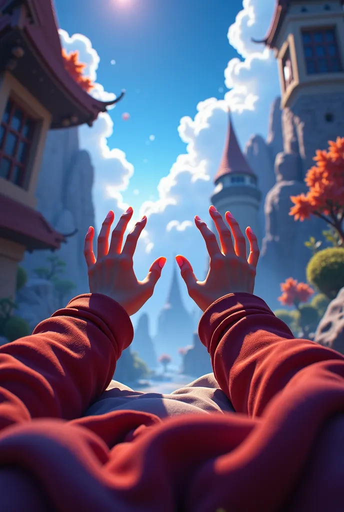 A hyper-realistic first-person (point of view) video of someone waking up in the universe of League of Legends. The character's hands appear in the field of view as they slowly rise. The setting is highly detailed, inspired by one of the game's iconic regi...