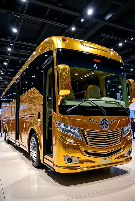 A luxury heavy-duty Kenworth T2000 Motorhome in a glossy and metallic gold combination, viewed from the side with its doors open. The sleek body features intricate and stylish patterns, complemented by aerodynamic curves and chrome accents. The elegantly d...