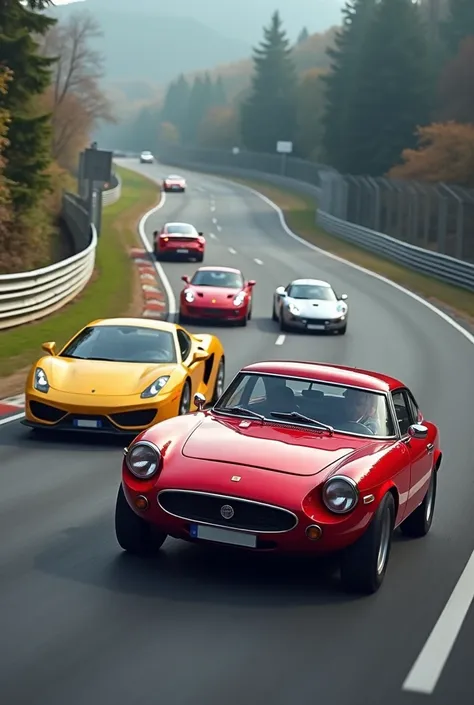 Create an image of this red Fiat Uno on a racetrack during a competition. He must lead the race against three other cars: FERRARI The Ferrari,  Porsche 918 Spyder and McLaren P1 . 