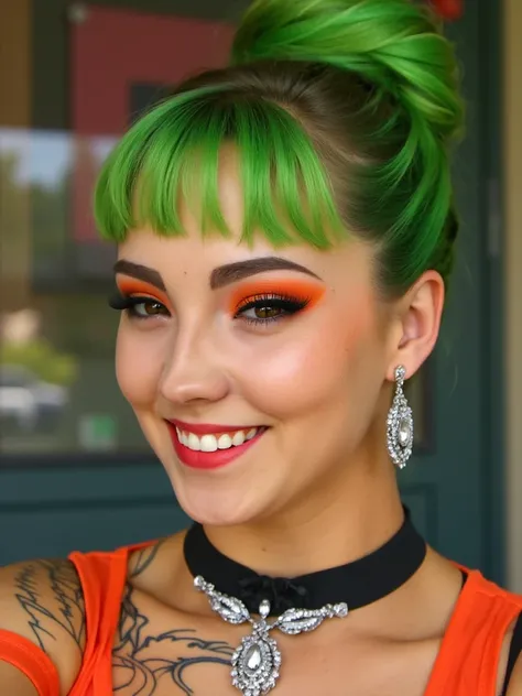 The girl laughs a lot, Bright orange makeup, green hair ,  Hair bun,  diamond earrings ,  collar